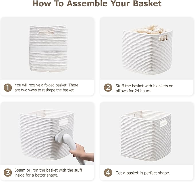 UBBCARE Set of 4 Cotton Rope Basket 13 X 13 X 13 Inches, Woven Storage Baskets for Shelves, Organizing with Handles, Cube Storage Bins for Storage Books, Magazines, White