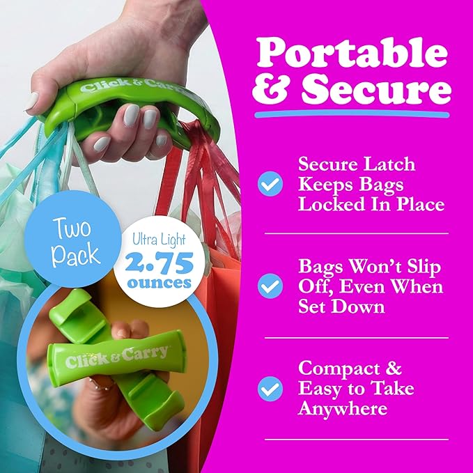 Click & Carry Grocery Bag Carrier Handle - Carry More in Fewer Trips, 100lb Capacity, Hands-Free, Gel-Padded Ergonomic Design, Shopping & Grocery Bag Holder - As Seen On Shark Tank, Green, 2 Pack