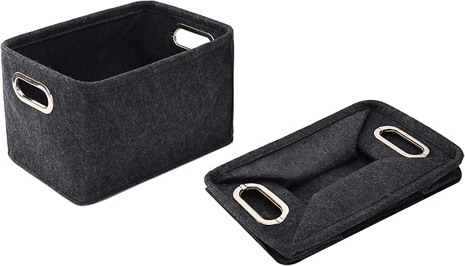 Collapsible Storage Bins Foldable Felt Fabric Storage Basket Organizer Boxes Containers with Handles Metal Handles for Nursery Toys,Kids Room,Clothes,Towels,Magazine (Dark grey)