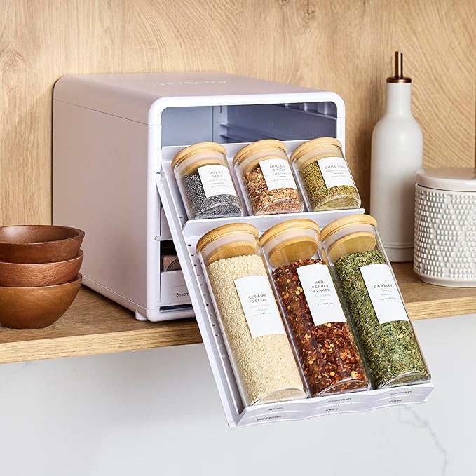 YouCopia SpiceStack,18-Bottle Adjustable Spice Rack Organizer, Pull-Out Seasoning Holder for Kitchen Cabinet and Pantry Storage with 104 Labels and Adjustable Dividers, Speckled White