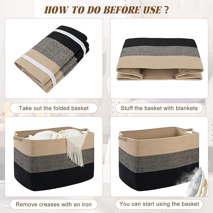 Large Blanket Basket, 60L Storage Baskets for Organizing, Woven Laundry Basket for Blankets, Cotton rope Blanket Storage for Living Room, Nursery Room, 19.7"L x 15.74"W x 11.8"H, Brown & Black