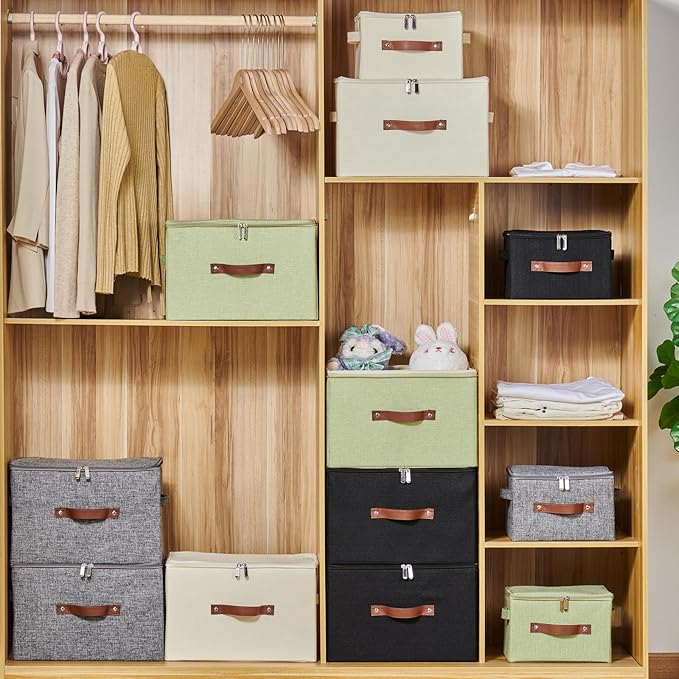 4 Pack Storage Bins with Zipper Lid Cotton Linen Fabric Lidded Storage Baskets Boxes Foldable Washable Closet Shelf Clothes Organizer Container with PU Leather Handles (Beige, Small)