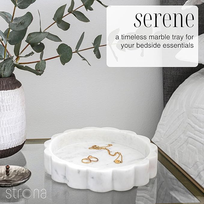 White Scalloped Marble Tray - 8" Round Stone Vanity Tray for Perfume & Jewelry, Marble Dish for Bathroom Countertop & Kitchen Counter, Decorative Tray for Bathroom & Kitchen, Modern Catchall