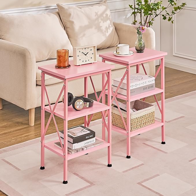VECELO End Table, 24" Tall Living Room Side Tables, X-Design Reinforced Bedside Table, Nightstands with 3-Tier Storage Shelves for Small Spaces, Office, Bathroom, Bedroom, Pink, 1 Pack