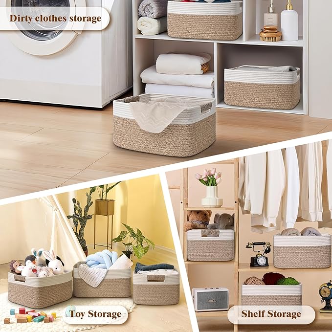 3 Pack Large Storage Basket for Organizing, 17.5"x13.5"x7.5" Woven Basket for Shelves, Closet Cube Storage Bins with Wrapped Handle, Cotton Rope Baskets for Kitchen, Clothes, Toys(Off White & Brown)