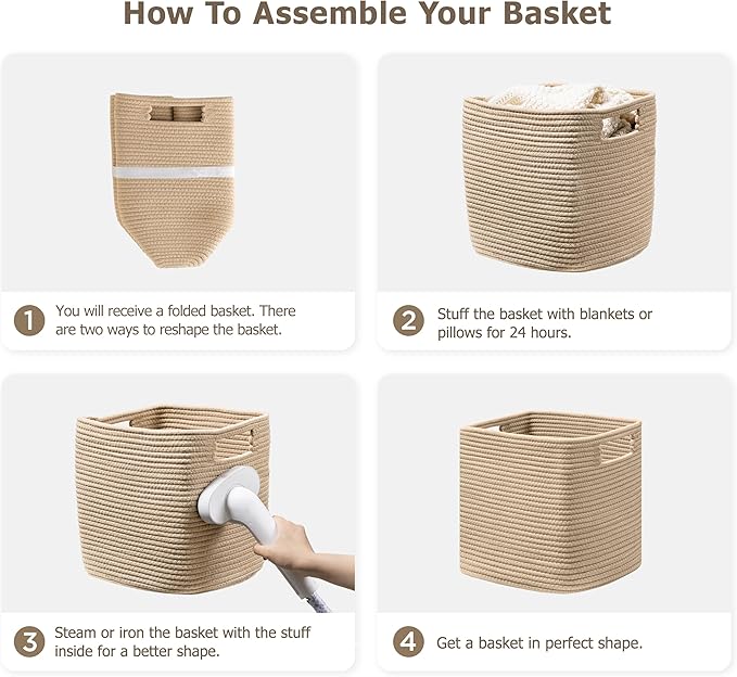 UBBCARE Set of 3 Cotton Rope Basket 13 X 13 X 13 Inches, Woven Storage Baskets for Shelves, Organizing with Handles, Cube Storage Bins for Storage Books, Magazines, Brown