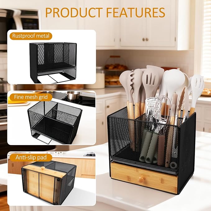 Kitchen Utensil Holder Countertop, Extra Large Utensil Organizer with Drawer, 2-In-1 Utensil & Silverware Holder for Countertop, Kitchen Organizer for Cookware Flatware, with Quick Dry Diatomite Pad