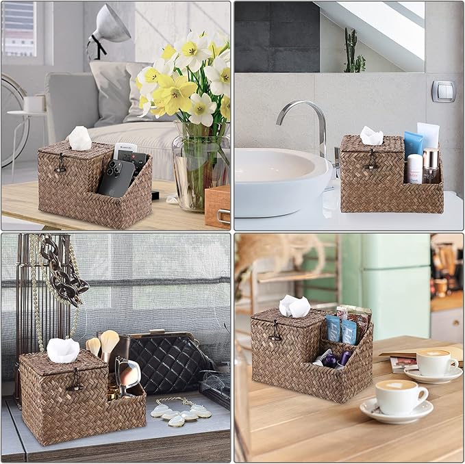 Sumnacon Square Woven Tissue Box Cover - Decorative Cube Tissue Box Holder with Side Organizer, Rustic Seagrass Tissue Box for Living Room Vanity Night Stand Table Countertop Office,Coffee