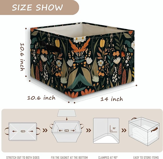 Boho Moody Wildflower Basket Foldable Storage Bins Box with Handles, Vintage Art Deco Maximalist Floral Botanical Collapsible Organizer Basket for Bedroom Bathroom Clothes Toys Books