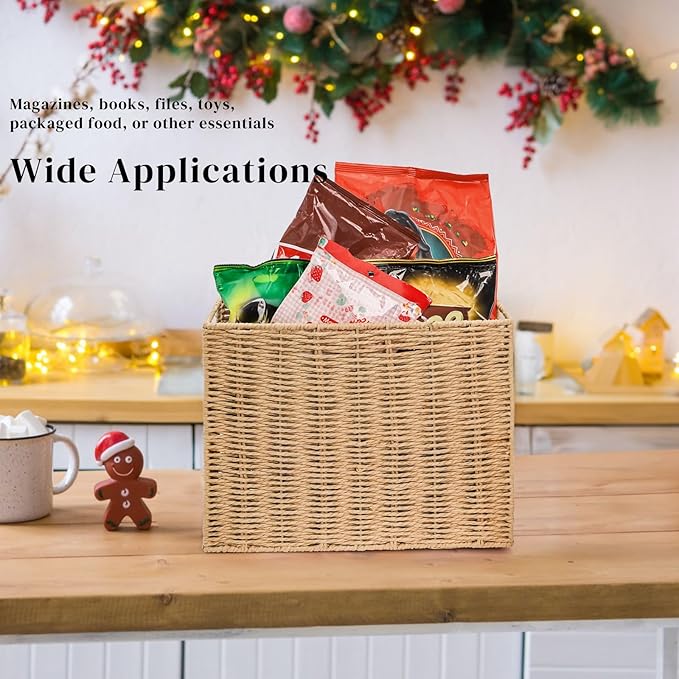 Woven Magazine Holder, Narrow Book Basket with Built-in Handles, Large 15'' x 6'' x 11'' File Storage Newspaper Organizer for Living Room, Bedroom, Office, Bathroom