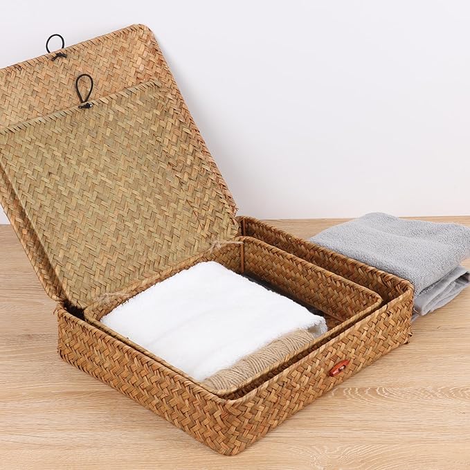 Flat Wicker Shelf Baskets with Lid, Seagrass Woven Basket Boxes for Storage Basket Bins Multipurpose Home Decor Organizer (Natural Large)