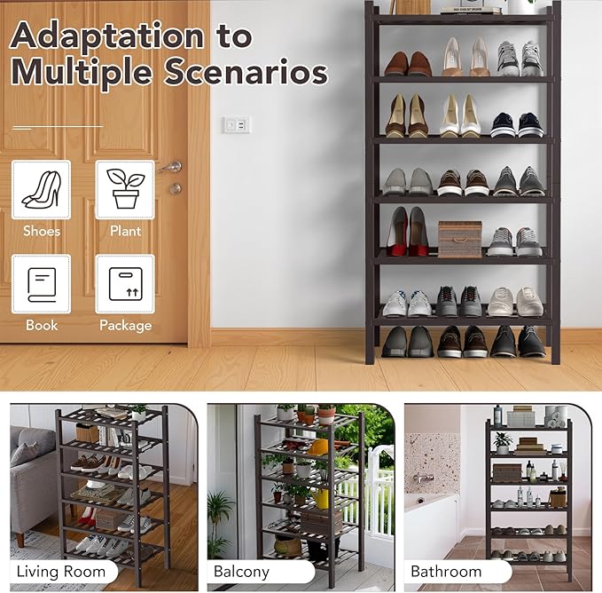 Haddockway Small 6 Tier Bamboo Shoe Rack Storage Organizer,Multifunctional Free Standing Stackable Shoe Shelf with Grid Panel for Closet,Hallway,Entryway,Small Space 18"x11"x34"