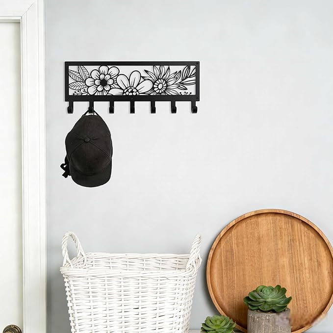 Black Metal Flower Wall Mount Rack with 7 Hooks, Decorative Wall Hanger for Coats, Jackets, Hats, Bags, Keys, Metal Wall Organizer for Bedroom, Bathroom, Kitchen, Living Room, Office, Home