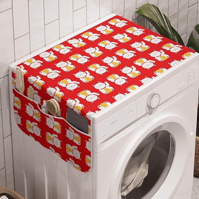 Ambesonne Japanese Cat Washing Machine Organizer, Lucky Maneki Neko Luck Fortune Prosperity Backdrop, Anti-slip Fabric Top Cover for Washer Dryer, 47" x 18.5", Vermilion White