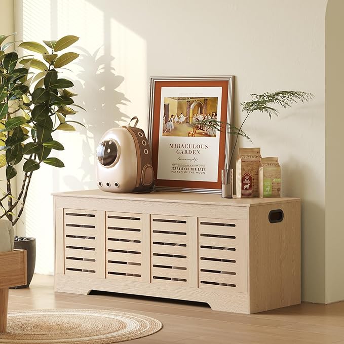 DINZI LVJ Storage Chest, 47.3âWooden Storage Box with 2 Safety Hinges, Entryway Shoe Bench with Flip-Top, Farmhouse Style Trunk for Living Room, Bedroom, Play Room, Easy Assembly, Natural