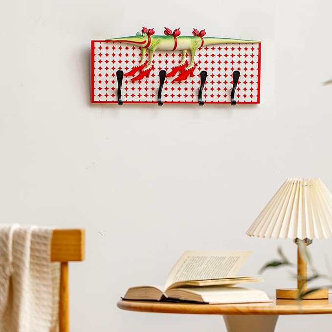 Decorative Wall Hook Rack with 4 Metal Hooks, 18" x 8" Red and White Vintage Plaid Panel, Whimsical Crocodile Wall Decor Organizer for Entryway, Kitchen, Living Room