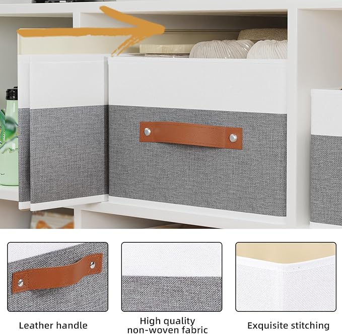 Storage Baskets, 16.1 × 9.8 × 6.5 Inch Drawer Organizers with Handles, Fabric Storage Bins for Organizing Shelves, White and Grey, 2-Pack