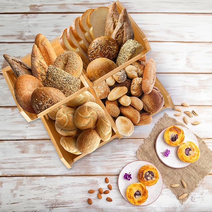 2 Tier Bamboo Stackable Storage Bins, 4 Compartment Potato and Onion Storage Baskets, Pantry Organizer Holder with Handle, Open Front Kitchen Fruit Containers for Fruit Bread Vegetable Garlic