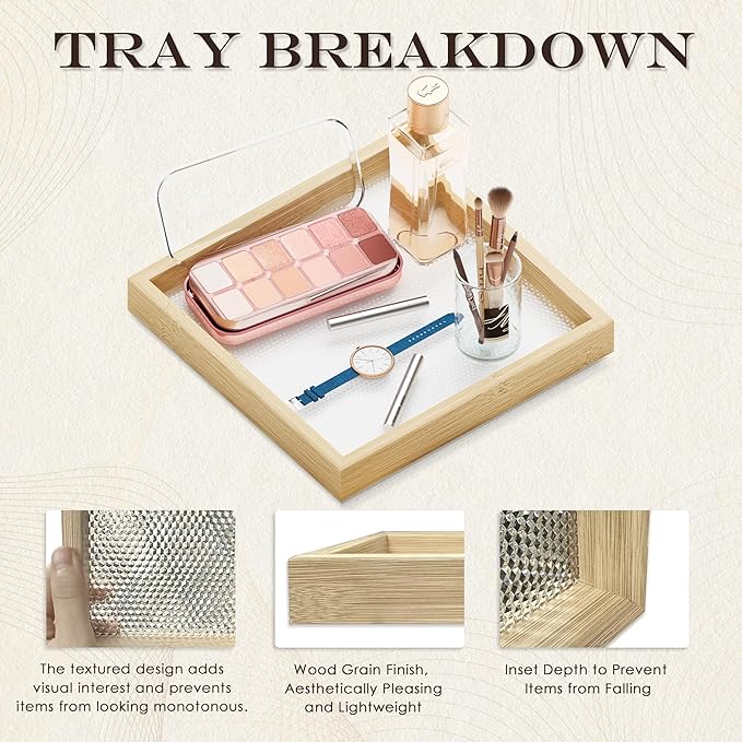 Small Bathroom Countertop Wooden Tray Set of 4 for Vanity and Toilet Tank, Stackable Desk Drawer Organizer, Wood Color