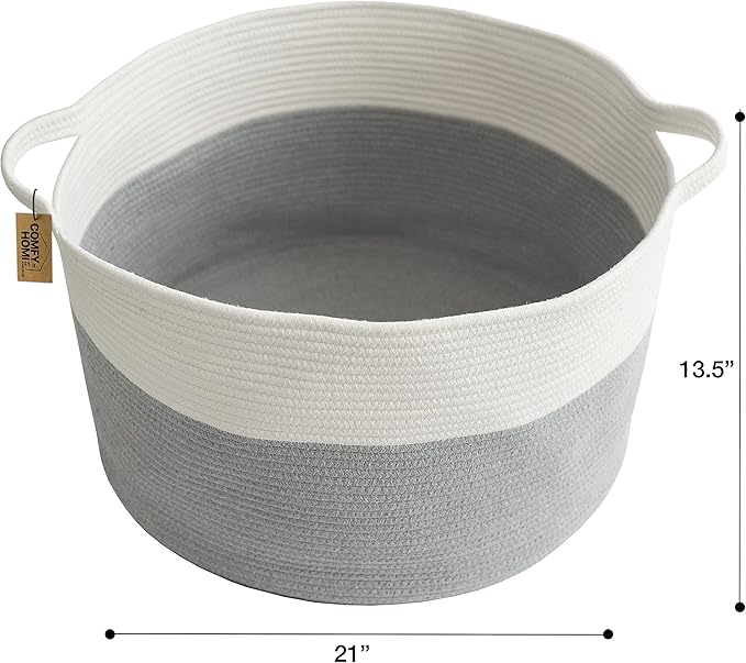 COMFY-HOMI XXXL Large Laundry Basket, Cotton Rope Nursery Woven Basket for Storage, Blanket Baskets Living Room Laundry Hamper, Dog Toy Storage Organizer, Home Decor-21''x21''x13.6''-White/Grey