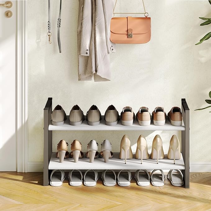 2-Tier Shoe Rack for Closet & Entryway, Stackable Shoe Organizer, Screw-Fastened Metal Frame for Less Wobble, Heel-Friendly Non-Woven Shelves, 11.8" Deep Space-Saving Shoe Storage (Black)