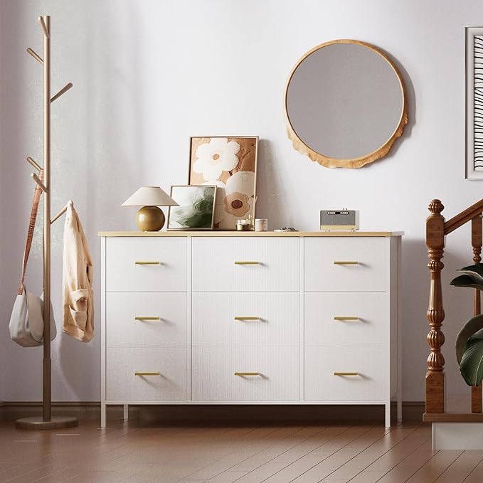 Wide TV Stand Modern TV Console, 9 Drawers Dresser for Bedroom, Fabric Storage Cabinet, Chest of Drawers for Closet, Nursery, Living Room(Classic White)