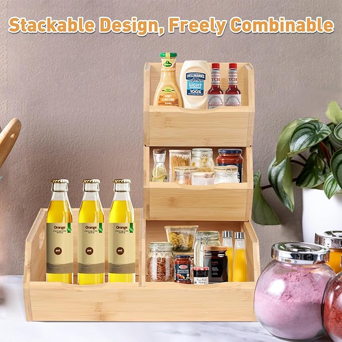 Bamboo Stackable Storage Baskets - Organize Potatoes, Onions & Fresh Produce in Pantry, Space-Saving Fruit Bowl for Kitchen Counter, Reusable Vegetable Container