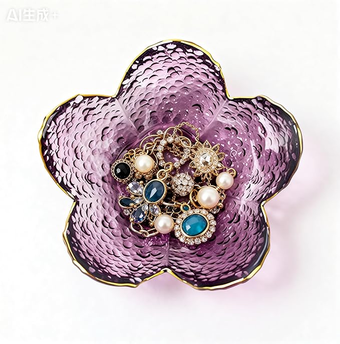 Mini Flower Ring Plate Jewelry Storage Tray Ring Holder for Dressing Table, Bedside Table, Room Bathroom Decoration, Cute Valentine's Day Christmas Birthday Gift for Women (purple 2pcs)