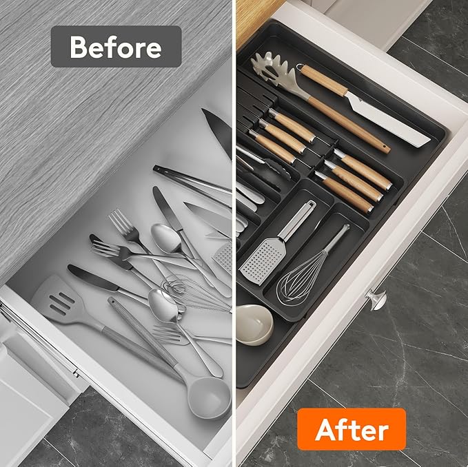 Lifewit Silverware Organizer for Kitchen Drawers, Expandable Utensil Tray with Removable Knife Block, Adjustable Cutlery and Flatware Holder, Plastic Spoon Forks Holder Storage Divider, Black