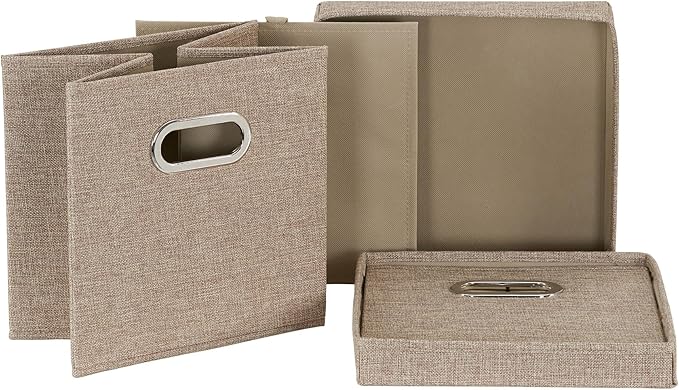 Household Essentials 802-1 Café Cube Bin Storage Set with Lids and Handles | 2 Pack, Brown Linen