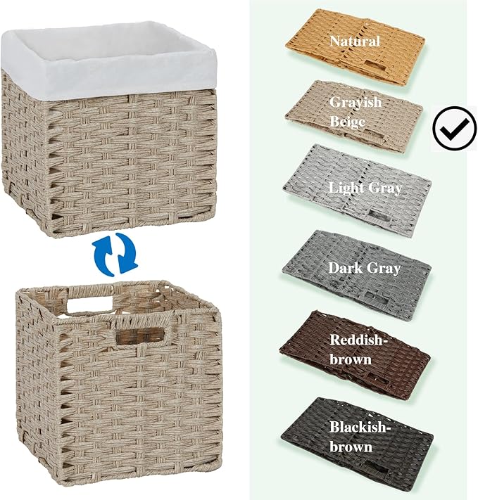 Bidtakay Wicker Baskets for Shelves Waterproof Imitation Wicker Cube Storage Bins with Liners for Organizing Closet Cabinet 2-Pack 11x11 inch Storage Cube Organizer for Pantry-Greyish Beige