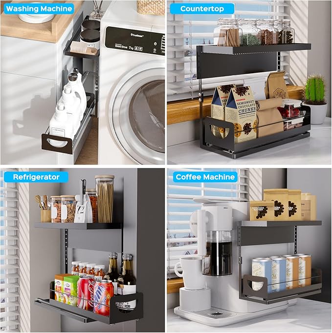 2 Tier Magnetic Storage Shelf with Pull Out Drawer, Height Adjustable Magnetic Organizer for Washing Machine & Fridge Side, No Drill Magnetic Rack for Laundry Room, Kitchen Storage (Black)