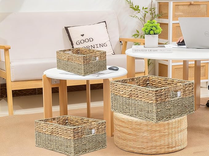 YAHUAN Natural Water Hyacinth & Seagrass Woven Storage Baskets â Wicker Storage Basket Organizer Bins with Handles for Home & Office Pantry Shelf (Set of 3)
