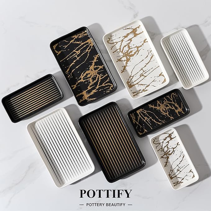 Bathroom Vanity Tray for Countertop,2PC Rectangle Marble Tray Set,Decorative Bathroom Organizer for Scrubber, Lotion Bottles, Perfume, Jewelry, Candle, Key Trinket Ringï¼Small,Whiteï¼