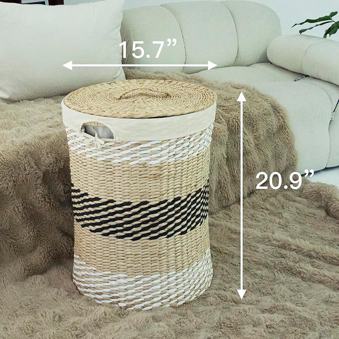Hand-Woven Wicker Laundry Basket with Lid, 20 Gal (75 L) Large Laundry Hamper with Removable Liner for Laundry Room and Home Decor, Artisan Multicolor (21"H x 15.7"D)