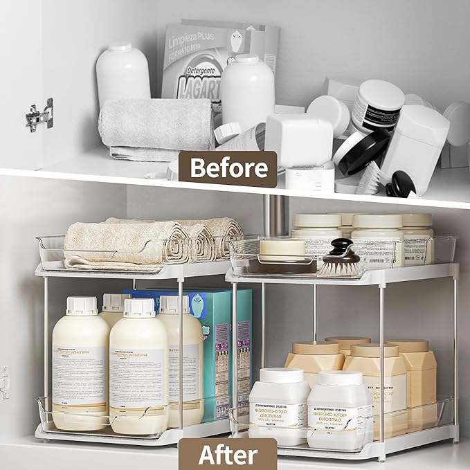 Delamu 2-Tier Multi-Purpose Bathroom Under Sink Organizers and Storage, Stackable Kitchen Pantry Organization, Pull Out Medicine Cabinet Organizer with Movable Dividers, White, 1 Pack