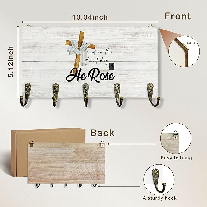 Easter He is Rise Key Holder for Wall 10"x5.12", Christ Jesus Bible Key Hanger Wall Mount, Christian Religious Cross Rustic Wooden Hanging Keys Holder Decor for Entryway Front Door(5 Hooks)