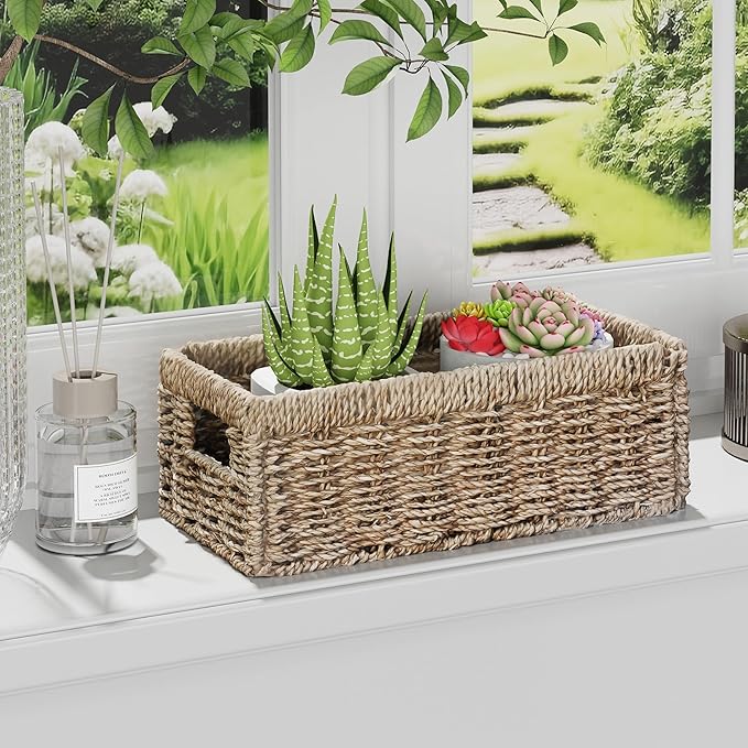 Vagusicc Storage Basket Wicker Baskets for Organizing with Handles Decorative Storage Bins for Countertop Toilet Paper Basket for Toilet Tank Top Small Baskets (13.2x8x6.3 inch, 2 Pack)