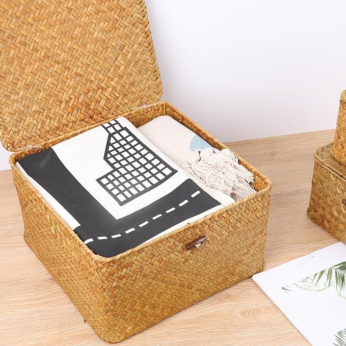 Wicker Shelf Baskets with Lid, Handwoven Seagrass Storage Basket Bins Square Gift Boxes for Shelves Home Decor Organizer (Natural, Medium)