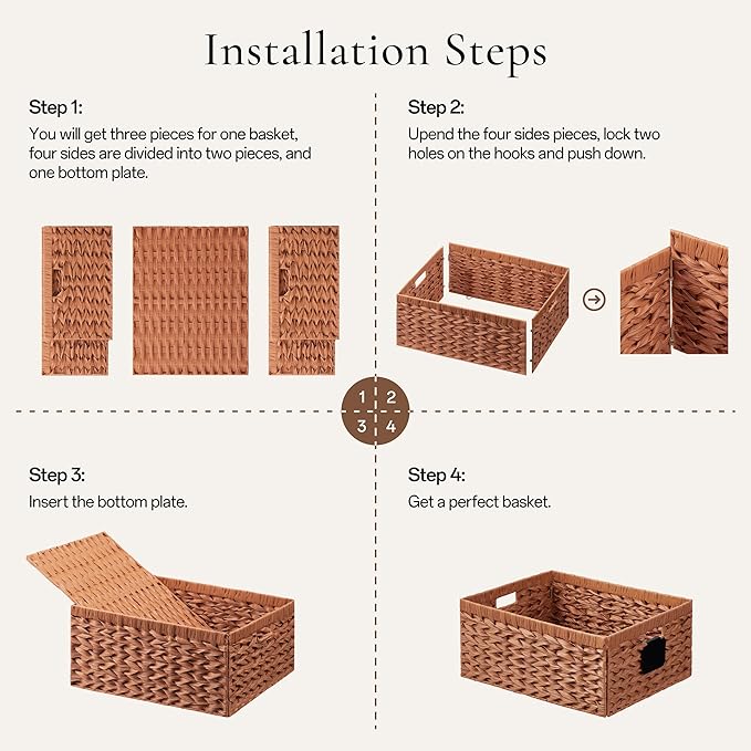 UBBCARE Storage Baskets with Label, Wicker Pantry Baskets for Shelves, Waterproof Woven Basket for Organizing, 2-Pack Plastic Rectangle Organizers with Handles, Light Brown (10L×8H×4W)