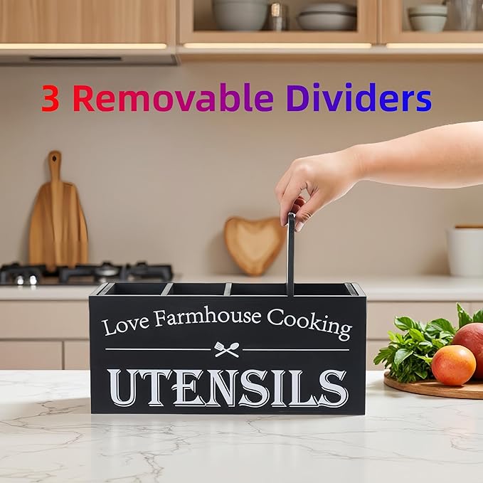 Utensil Holder,Extra Large Wooden Utensil Holder For Kitchen Counter,Cooking Spatula Organizer,Big Storage Caddy With 4 Compartments Flatware Spoon Tool Cutlery(Black)