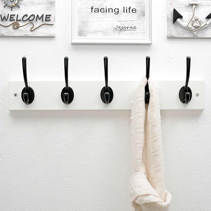 Dseap Wall Mounted Coat Rack: 16" Hole to Hole, Coat Hook Hanger with 5 Metal Hooks for Hanging Coats Towels Hats Clothes, White & Black, 2 Packs