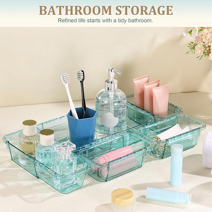 15 Pcs Adjustable Clear Drawer Organizer, All Extendable Vanity Storage Bins, Desk Drawer Organizer Set for Makeup, Cosmetics, Bedroom, and Gadgets, Blue