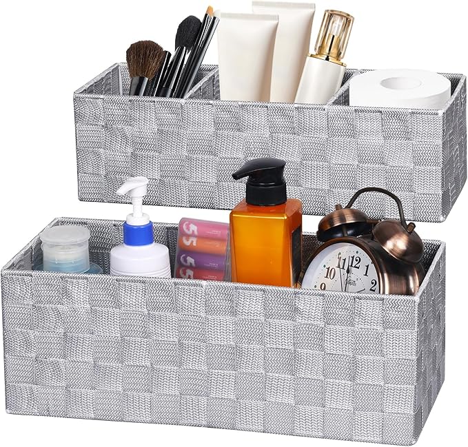 Toilet Tank Paper Basket Topper Set of 2, Waterproof Bathroom Basket with Divider for Organizer, Wicker Storage Baskets-Rustic Farmhouse Bathroom Decor