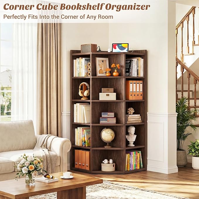 Aheaplus Corner Cabinet, 6-Tier Corner Bookshelf with Power Outlets, Corner Cube Storage Shelf with Top Table, Wooden L Shaped Cubby Toy Storage for Home Office, Bedroom, Living Room, Black Walnut