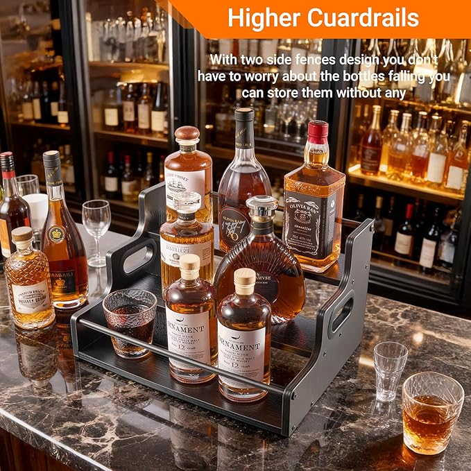 3-Tier Liquor Bottle Display Shelf,Coffee Syrup Rack Organizer,Water Bottle Organizer, Mini Bar Cabinet, Rustic Bar Shelves for for Liquor Whiskey, Spirits(Black)