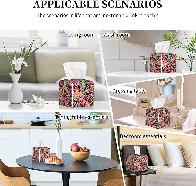 Rainbow Colored Leopard Tissue Box Cover Leather Tissue Box Holder Square Facial Paper Organizer Dispenser for Bathroom Kitchen Bedroom Vanity Countertop Night Stands