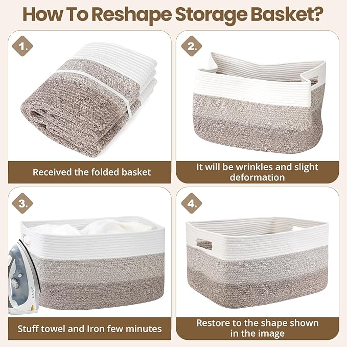95L Blanket Basket, Large Woven Baskets for Storage, Blanket Storage for Living Room, Rope Basket with Handles for Bedroom, Nursery, Toys, Clothes, 24â x 17â x 13.5â, White & Brown