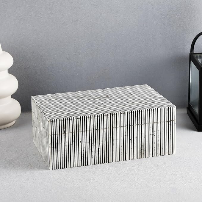 Handicrafts Home Large Decorative Storage Box with Lid – 9x6x3.5” Coffee Table Organizer, Keepsake- Decorative Boxes for Home Decor, Stylish Decorative Box for Office Decor- Striped- Black