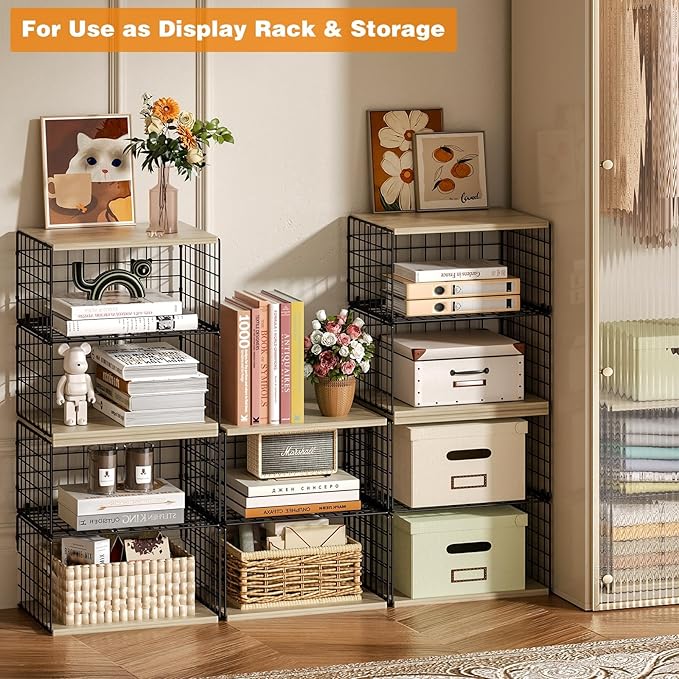 Extra-Long, Low-Profile Closet Organizers and Storage with Wood Top, 4 Tier Stackable Closet Shelf Organizer, Space-Saving Clothes Storage Bin for Wardrobe & Small Spaces, Sturdy(2 Pack Black)